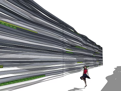Modern Feature Wall with Layered Striped Design Green Accents and Person Standing Beside 3d model