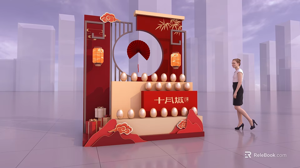 Traditional Red Themed Display Stand With Lanterns Eggs And October Pregnancy Sign 3d model 