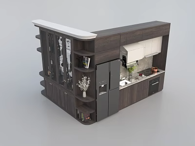 Modern Kitchen Interior Design With Dark Wood Cabinets Open Shelves And White Countertop 3d model
