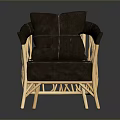 Modern Armchair With Brown Leather Cushion And Wooden Geometric Frame Design