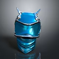 Futuristic Blue Helmet With Silver Edges Horn Like Projections And Glossy Surface