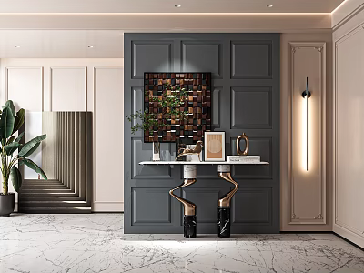 Elegant Console Table With Gray Paneled Wall Mosaic Art Golden Leg And Green Plant 3d model