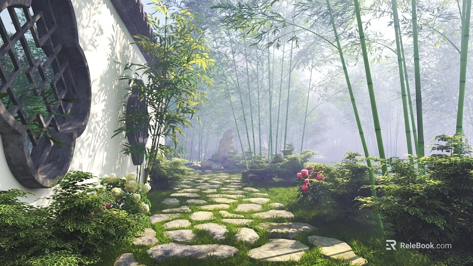 Chinese Scenic Wall Surrounded by Bamboo Green Plants and Stone Path in Natural Landscape 3d model 