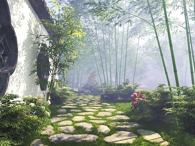 Landscape wall stone road bamboo forest landscape garden plants 3d model