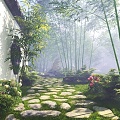 Landscape wall stone road bamboo forest landscape garden plants 3d model