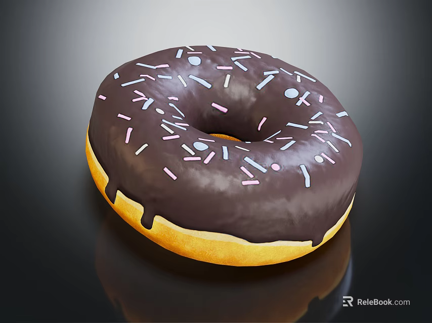 Shiny Chocolate Glazed Donut Topped With White Sprinkles On Black Surface 3d model 