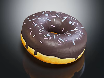 Shiny Chocolate Glazed Donut Topped With White Sprinkles On Black Surface 3d model