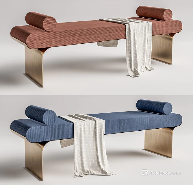 Modern Red and Blue Ottoman Design With Metal Legs White Blanket and Cylindrical Cushions 3d model 