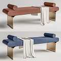 Modern Red and Blue Ottoman Design With Metal Legs White Blanket and Cylindrical Cushions