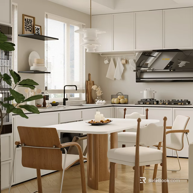 Modern Restaurant Interior With Dining Table Wooden Chairs And Pendant Lighting 3d model 