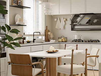 Modern Restaurant Interior With Dining Table Wooden Chairs And Pendant Lighting 3d model