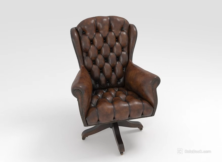 Brown Leather Tufted Armchair Design With Swivel Base And Classic Style 3d model 