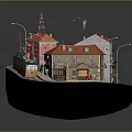 Miniature Cartoon Town Scene with Red Roof Buildings Street Lamps and Bus