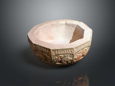 Decorative Carved Hexagonal Stone Bowl With Intricate Patterns And Brown Surface 3d model