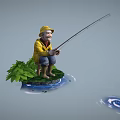 Cute Game Movie Character Fishing With Yellow Hat Jacket Green Grass Bucket And Water Ripples