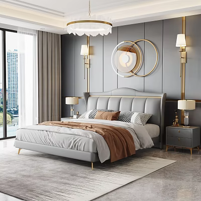 Elegant Modern Double Bed Background With Gray Headboard Golden Accents Round Mirrors Nightstands Table Lamps 3d model