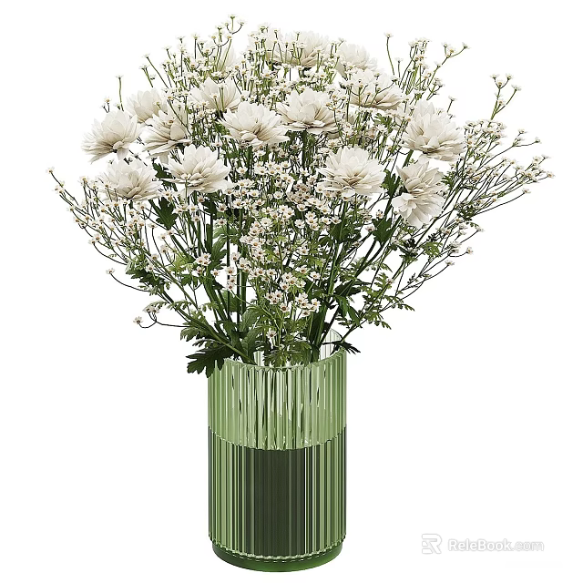 White Chrysanthemums in Green Cylindrical Striped Vase with Small Blooms and Foliage 3d model 