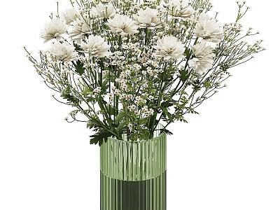 White Chrysanthemums in Green Cylindrical Striped Vase with Small Blooms and Foliage 3d model