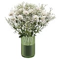 White Chrysanthemums in Green Cylindrical Striped Vase with Small Blooms and Foliage