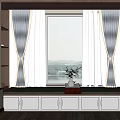 Elegant Bay Window Interior With Curtains Storage Cabinet Flower Vase And Wooden Floor