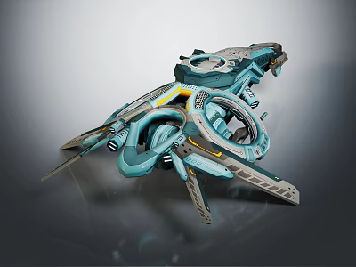 Futuristic Teal Spaceship With Yellow Details And Complex Mechanical Structure For Cosmic Exploration 3d model