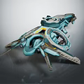 Futuristic Teal Spaceship With Yellow Details And Complex Mechanical Structure For Cosmic Exploration