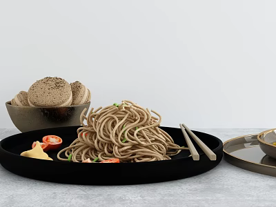 Tasty Buckwheat Noodles with Green Onions and Sesame Mochi on Black Tray with Chopsticks 3d model