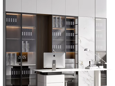 Modern Study Room Interior Design With Glass Bookcases Books Mac Computer Desk And Marble Accent 3d model