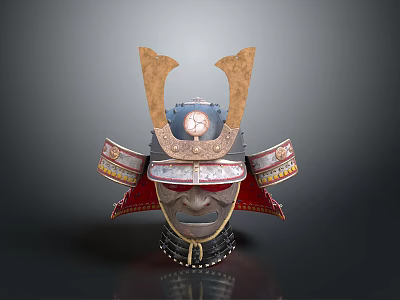 Traditional Japanese Samurai Weapon Helmet With Decorative Metal Ear Guards And Red Gold Ornaments 3d model