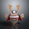 Traditional Japanese Samurai Weapon Helmet With Decorative Metal Ear Guards And Red Gold Ornaments