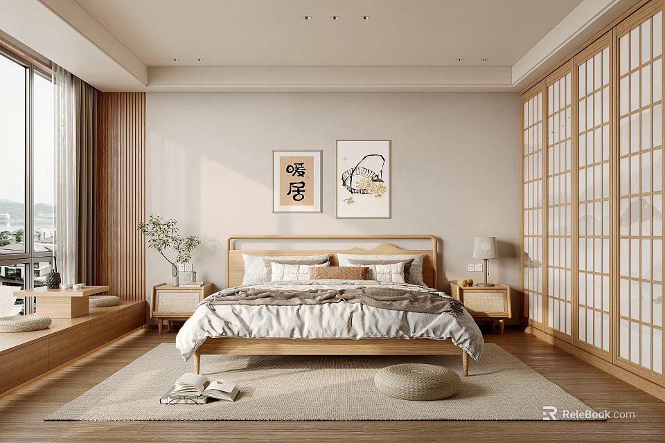 Minimalist Japanese Bedroom Interior With Wooden Bed Sliding Wardrobe And Wall Art 3d model 