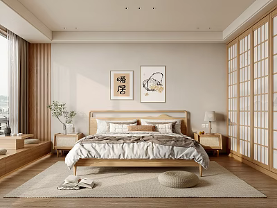 Minimalist Japanese Bedroom Interior With Wooden Bed Sliding Wardrobe And Wall Art 3d model
