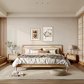 Minimalist Japanese Bedroom Interior With Wooden Bed Sliding Wardrobe And Wall Art