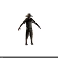 Man Wearing Straw Hat Light Colored Shirt Brown Collar Arm Guards Belt Brown Shorts Barefoot