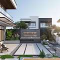 Modern Courtyard Garden Design With Water Feature Green Plants And Stone Patio