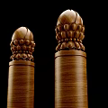 Two Brown Wooden Capitals With Detailed Lotus Carved Patterns On Black Background