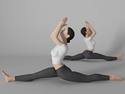 Women Doing Yoga Split Pose With Arms Stretched Upwards In White Top And Dark Pants 3d model