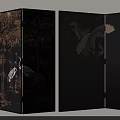 Elegant Room Divider With Crane And Bamboo Patterns On Dark Background 3d model