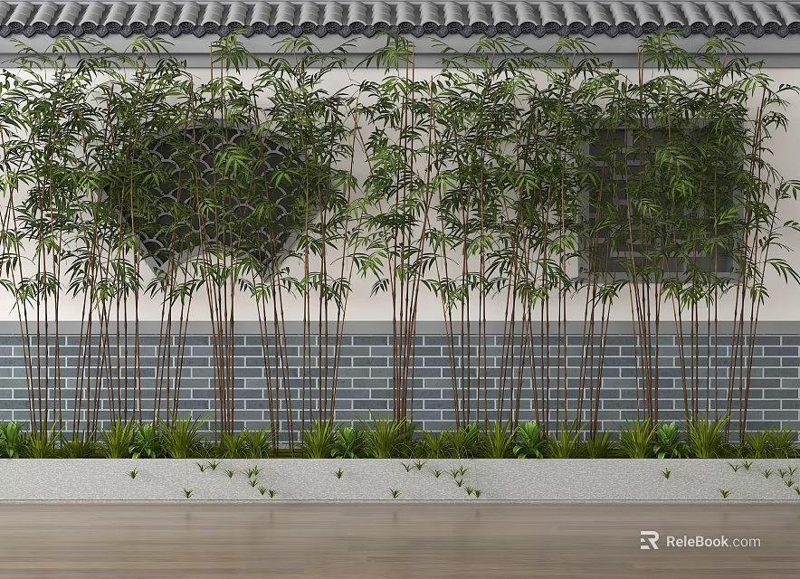 Bamboo With Gray Tiled Roof White Gray Brick Walls Green Plants and Wooden Floor 3d model 