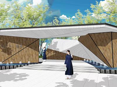 Modern Landscape Wall Design With Wood White Panels Geometric Shapes And Water Features 3d model