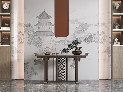 Chinese Style Console Table With Ancient Architecture Mural And Decorative Plants Tea Set 3d model