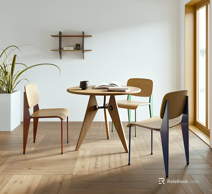 Modern Dining Table Set With Round Wooden Top Three Colorful Chairs And Potted Plant 3d model 