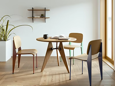 Modern Dining Table Set With Round Wooden Top Three Colorful Chairs And Potted Plant 3d model