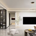 Modern Living Dining Room Interior With Large Windows City View Grey Sofa TV And Chandelier