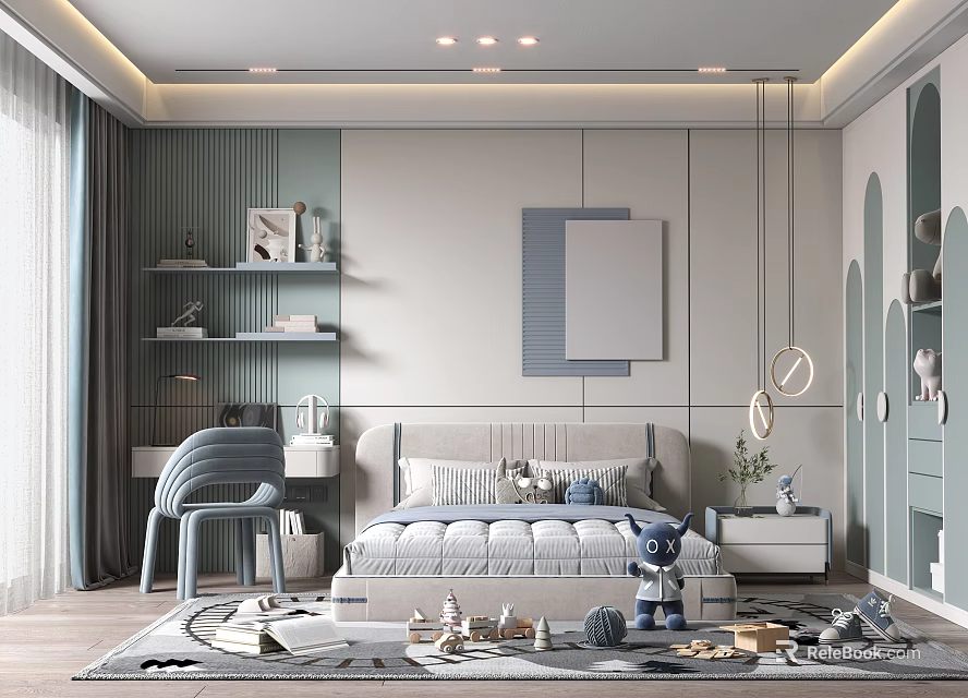 Modern Kids Room Interior Design With Bed Shelves Toys And Rug 3d model 