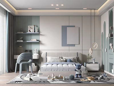 Modern Kids Room Interior Design With Bed Shelves Toys And Rug 3d model
