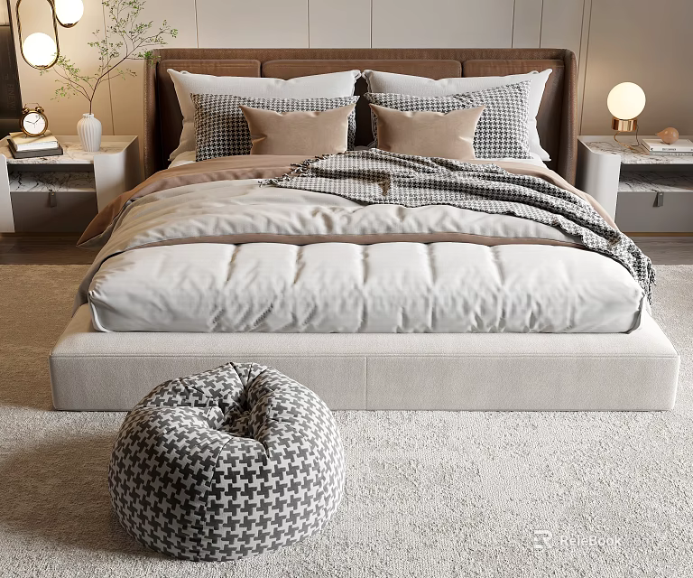 Comfortable Double Bed with Brown Headboard Pillows Blanket and Checkered Bean Bag Chair 3d model 
