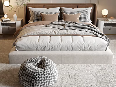 Comfortable Double Bed with Brown Headboard Pillows Blanket and Checkered Bean Bag Chair 3d model