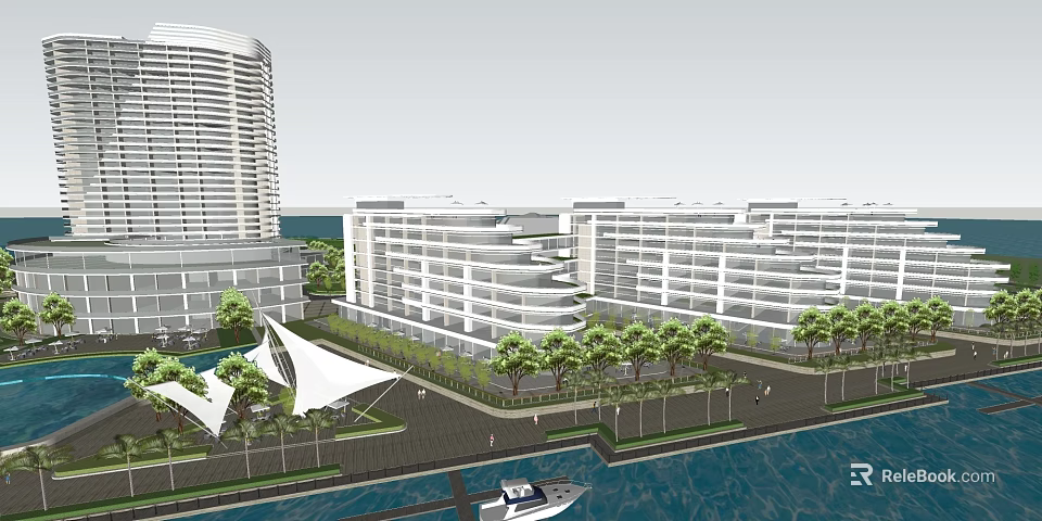 Modern Office Buildings With Sea View And Lush Trees In Urban Landscape 3d model 