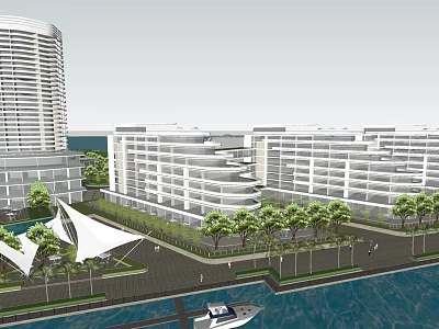 Modern Office Buildings With Sea View And Lush Trees In Urban Landscape 3d model